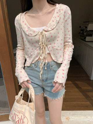 Lace lapel crop long-sleeved top