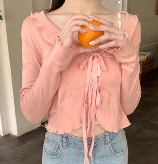 Lace lapel crop long-sleeved top