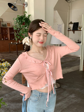 Lace lapel crop long-sleeved top