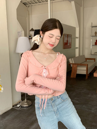 Lace lapel crop long-sleeved top