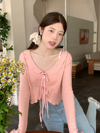 Lace lapel crop long-sleeved top