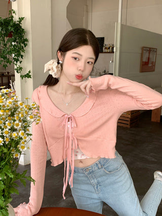 Lace lapel crop long-sleeved top