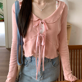 Lace lapel crop long-sleeved top