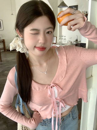 Lace lapel crop long-sleeved top