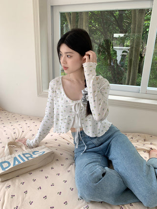 Lace lapel crop long-sleeved top
