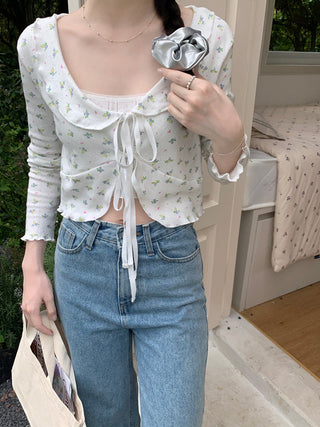 Lace lapel crop long-sleeved top