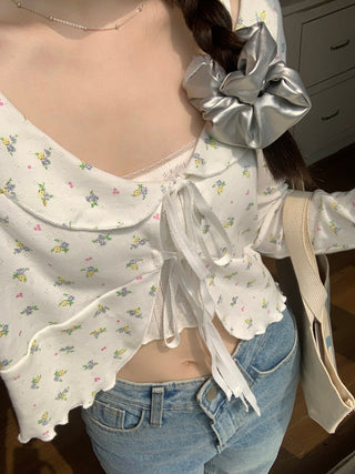 Lace lapel crop long-sleeved top