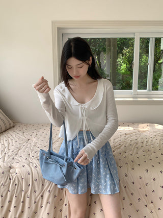 Lace lapel crop long-sleeved top