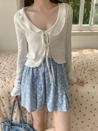 Lace lapel crop long-sleeved top