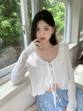 Lace lapel crop long-sleeved top
