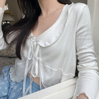 Lace lapel crop long-sleeved top