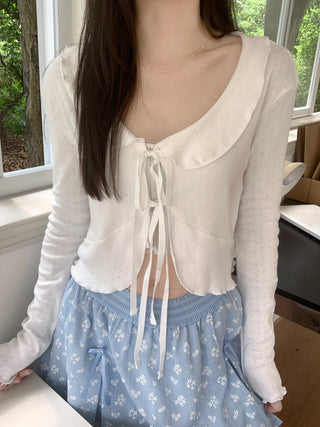 Lace lapel crop long-sleeved top