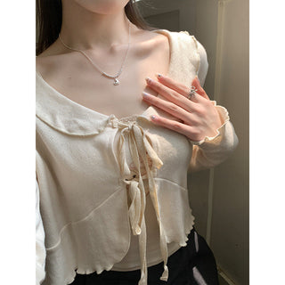 Lace lapel crop long-sleeved top