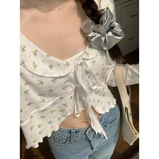 Lace lapel crop long-sleeved top
