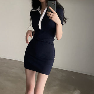 POLO collar half button knitted slim dress