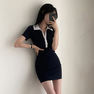 POLO collar half button knitted slim dress