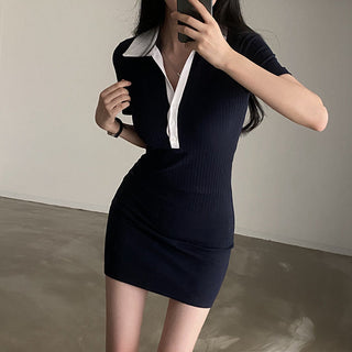 POLO collar half button knitted slim dress