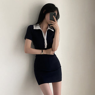 POLO collar half button knitted slim dress