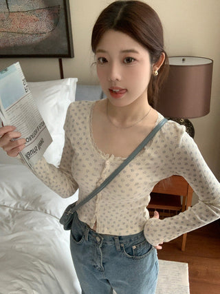 Lace small floral slim cardigan