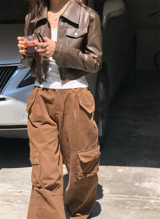 Retro Brown cropped Leather Jacket