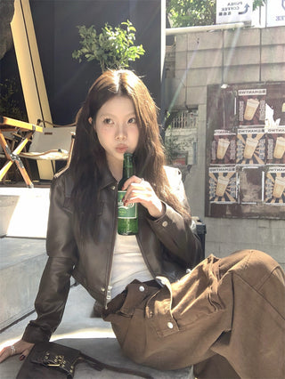 Retro Brown cropped Leather Jacket