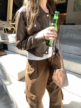 Retro Brown cropped Leather Jacket