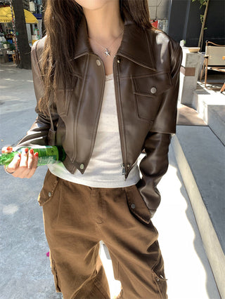 Retro Brown cropped Leather Jacket