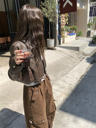 Retro Brown cropped Leather Jacket