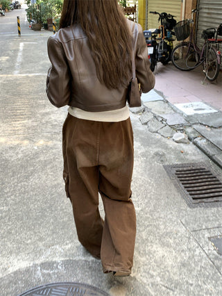 Retro Brown cropped Leather Jacket
