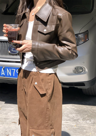 Retro Brown cropped Leather Jacket