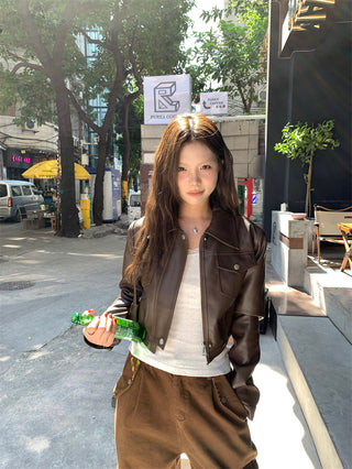 Retro Brown cropped Leather Jacket