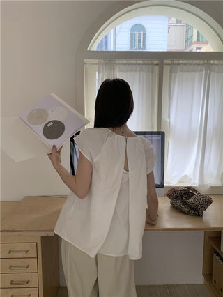 Hollow design solid color shirt