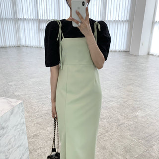Round neck bubble sleeve shirt + skirt dress