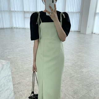 Round neck bubble sleeve shirt + skirt dress