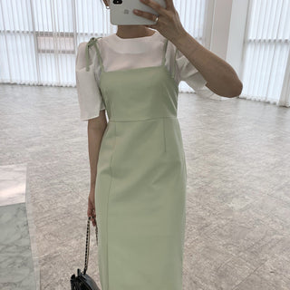 Round neck bubble sleeve shirt + skirt dress