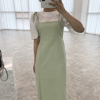 Round neck bubble sleeve shirt + skirt dress