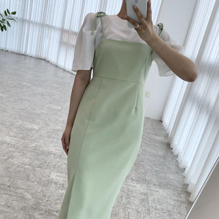 Round neck bubble sleeve shirt + skirt dress