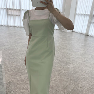 Round neck bubble sleeve shirt + skirt dress