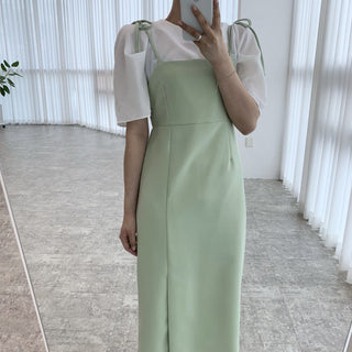 Round neck bubble sleeve shirt + skirt dress