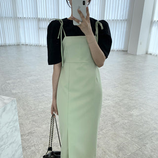 Round neck bubble sleeve shirt + skirt dress