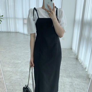Round neck bubble sleeve shirt + skirt dress