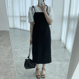Round neck bubble sleeve shirt + skirt dress