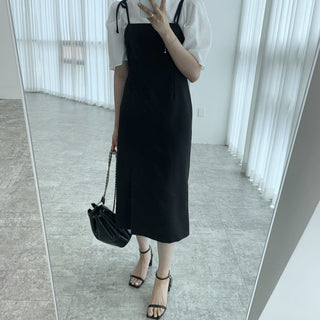 Round neck bubble sleeve shirt + skirt dress