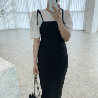 Round neck bubble sleeve shirt + skirt dress