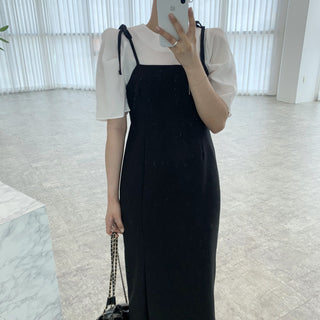 Round neck bubble sleeve shirt + skirt dress