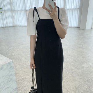Round neck bubble sleeve shirt + skirt dress