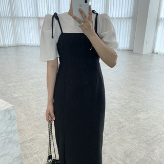 Round neck bubble sleeve shirt + skirt dress