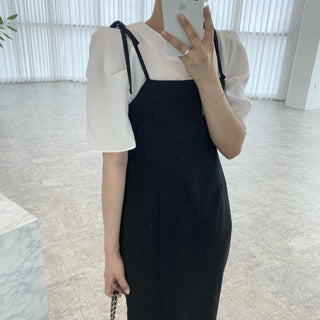 Round neck bubble sleeve shirt + skirt dress