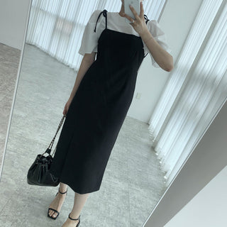 Round neck bubble sleeve shirt + skirt dress