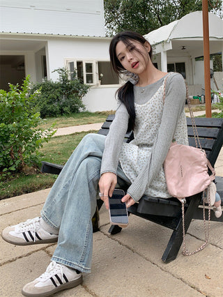 Small floral dress + gray round neck top